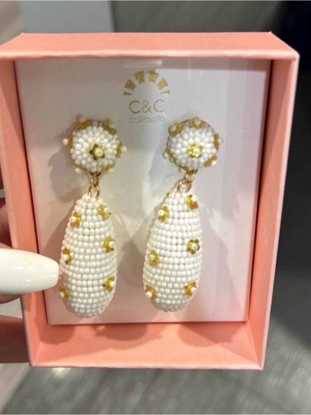 C&C California White and Gold Beaded Drop Earrings
